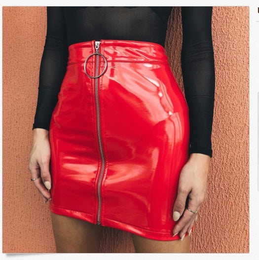 High Waist Zip Faux Leather Short Pencil Mini Skirt