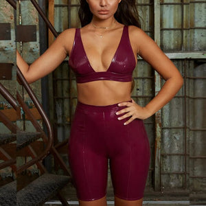 Crop Top And Shorts PU Leather Two Piece Set