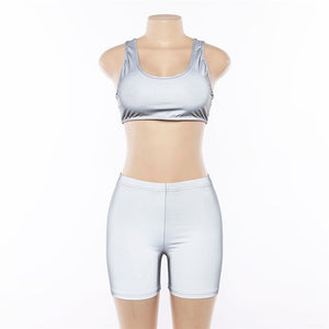 Reflective Crop Top And Shorts Two Piece Set